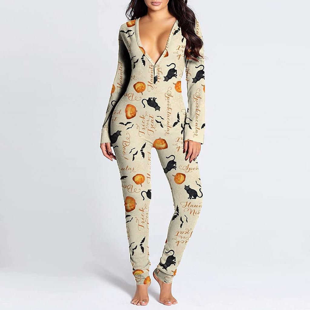 Women's Button-Down Halloween Print Functional Buttoned Flap Adults Jumpsuit