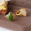 Adjustable Open Ring Women Men Vintage Style Copper With Faux Jade Inlay Geometric Cut Design