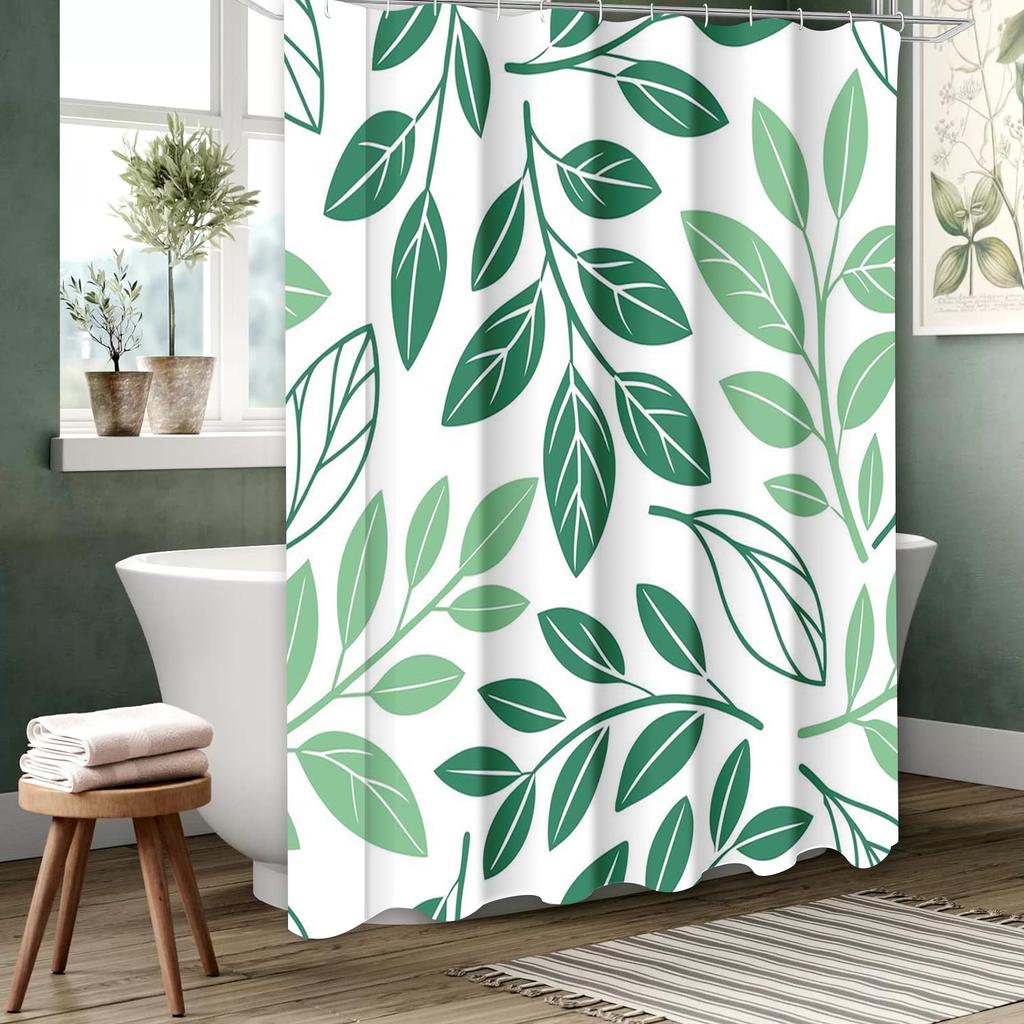 Green Plant Leave Pattern Bathing Curtain  Bathroom Shower Curtain Waterproof With 12 Hooks Home Deco Free Ship