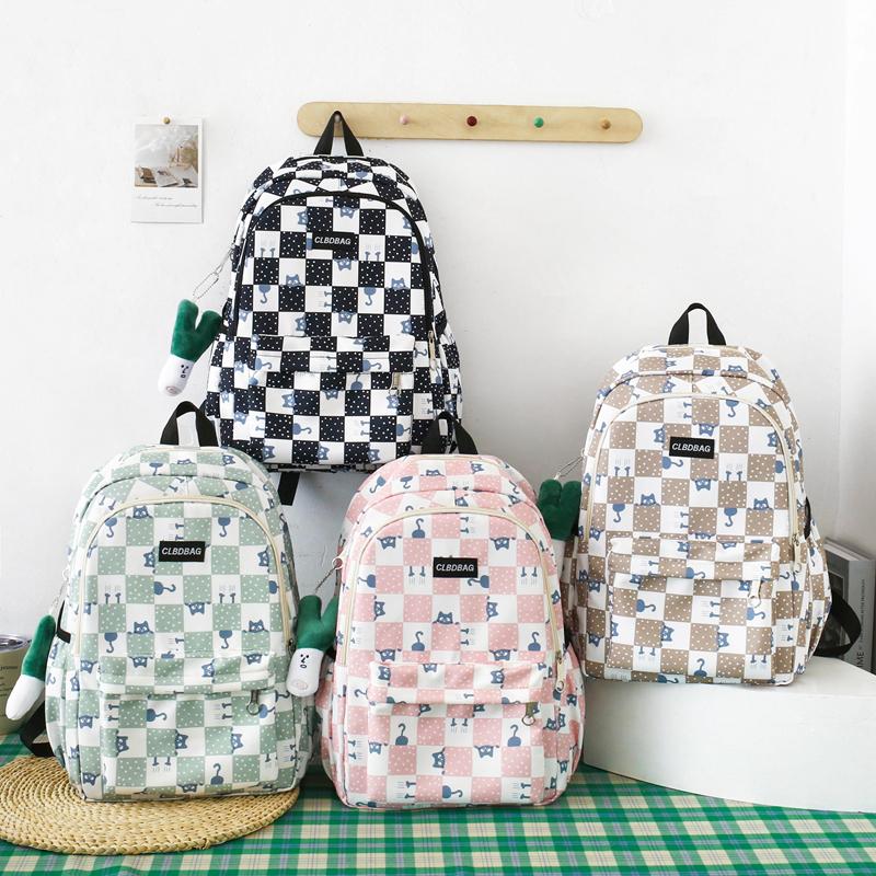 Three-Piece Backpack Set Large Capacity Student Schoolbag Junior High School Student Checkerboard Backpack with Lunch Bag Pen Bag