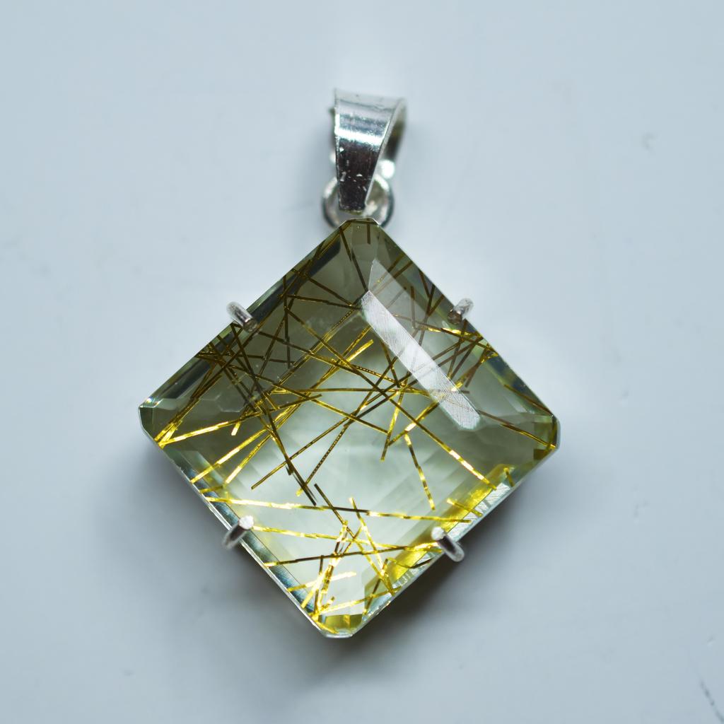 Lab Crated Yellow Rutilated 925 Sterling Silver Pendant 81.20 Ct Gems Certified My-343-k