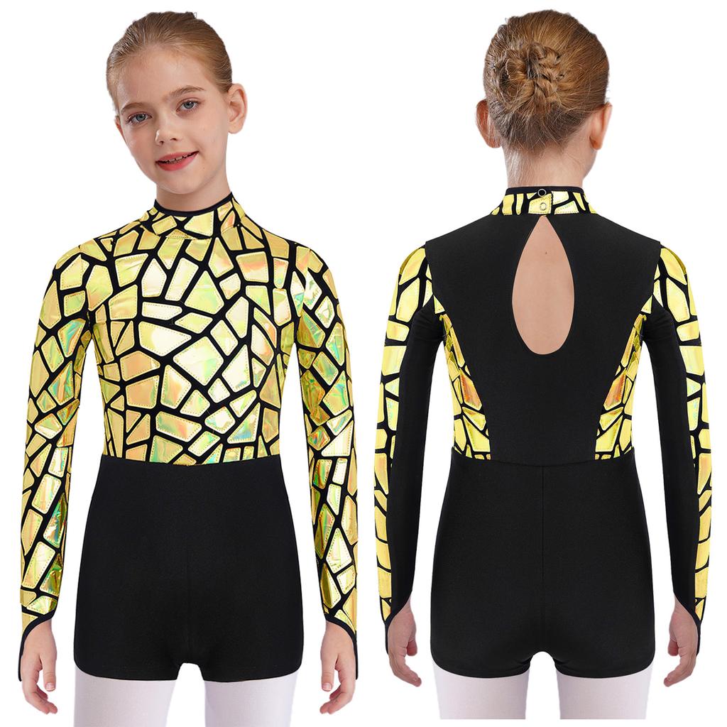 Sparkling Metallic Sequin Jumpsuit for Girls: Mock Neck Long Sleeve Keyhole Back Bodysuit for Gymnastics & Dance Shows