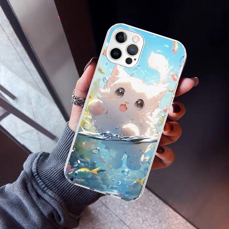Cartoon Cute Cat Fish Aesthetic Phone Case For iPhone 17 Air 11 13 Mini 14 15 Plus 16 12 Pro Max 16E SE 7 8 Pattern Soft TPU Bac