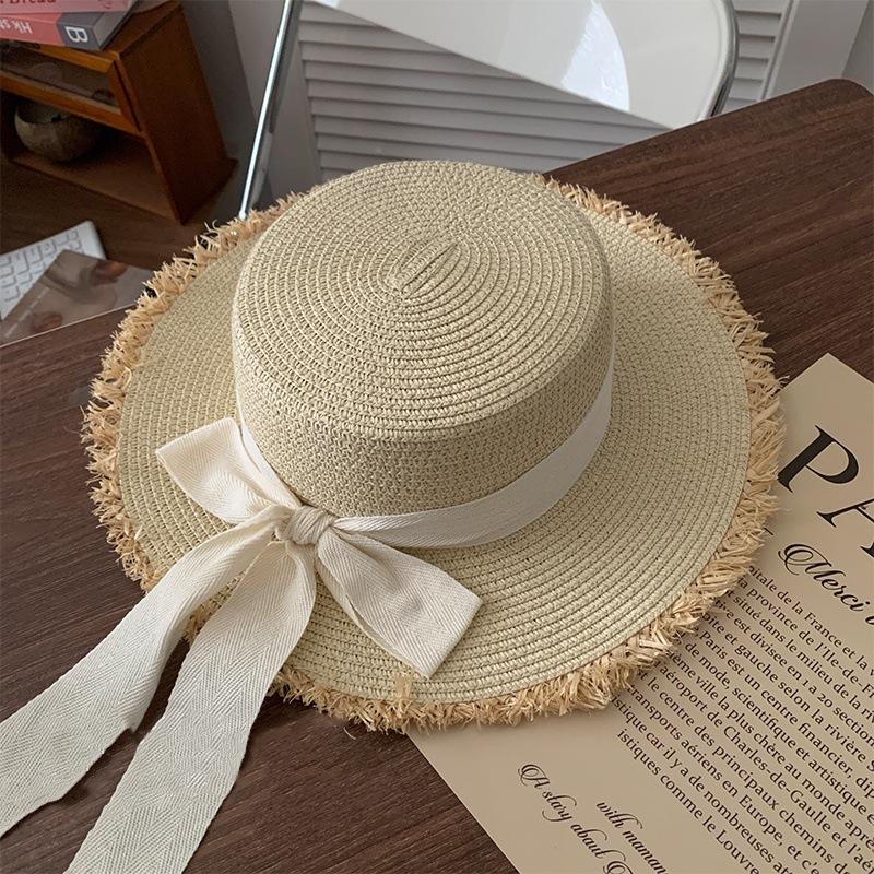 Flat top straw hat women's summer sunshade sunscreen hat vacation style straw hat top hat travel seaside beach hat