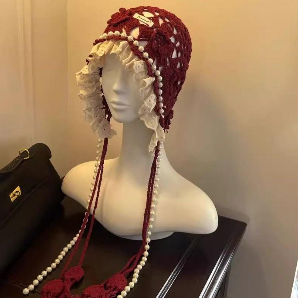 Hand-knitted Knitted Pearl Lace Beanies Breathable Fringed Hollow Flowers Hat Soft Bohemian Style Crochet Hat