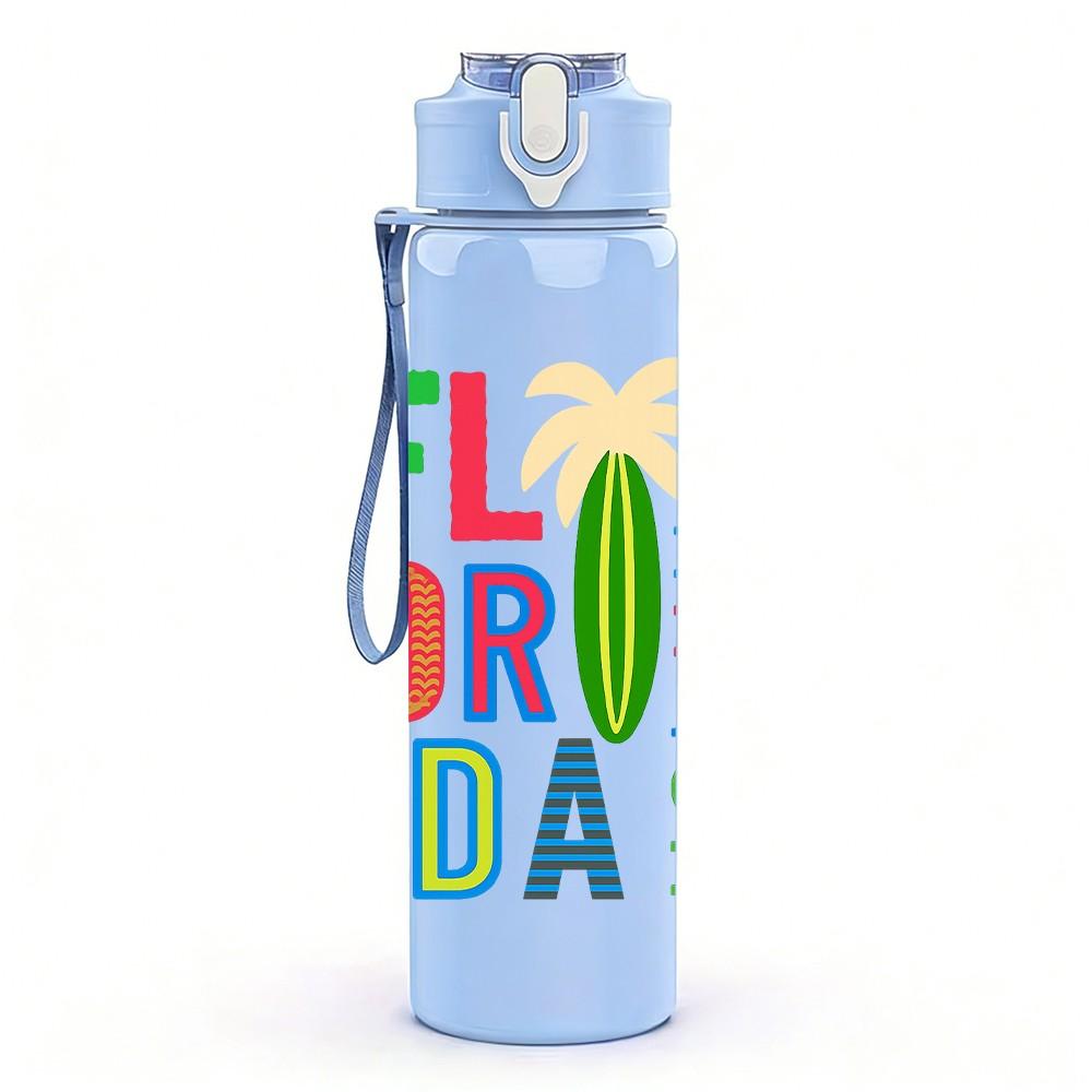 1PC Florida Beach Letter 750ml Color Plastic Sports Water Bottle Leakproof Flip Straw Lid Suitable for Sports Office Home Use