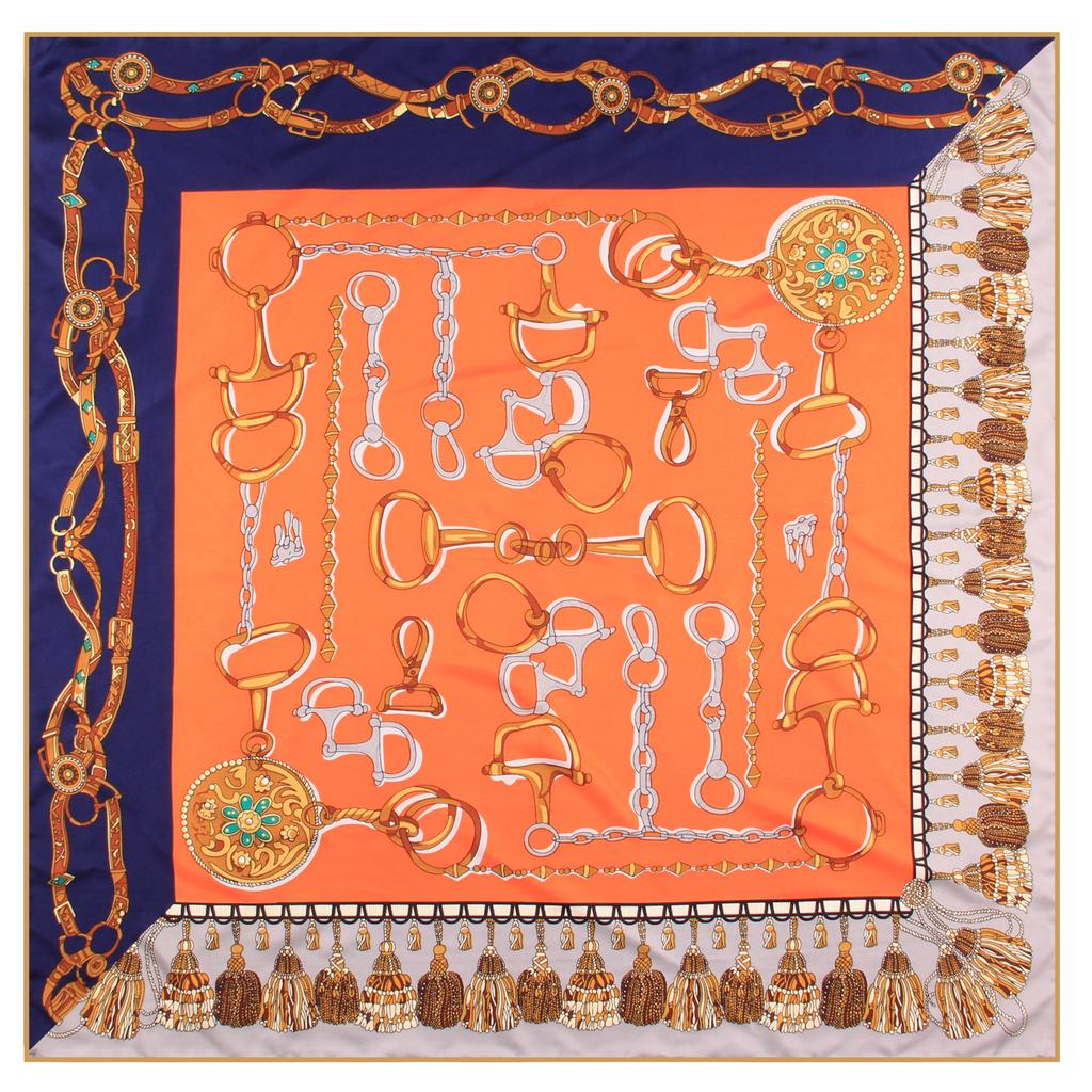 Luxury  Twill Silk Large Scarf Women Handmade Curling Horse Rider Animal Female Twill Square Shawl Fashionbelt Squarescarve