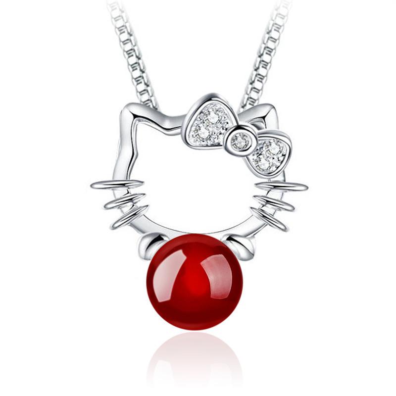 Red And Black Agate Cat Pendant Necklace Women'S Silver-Plated Necklace Pendant Collarbone Chain