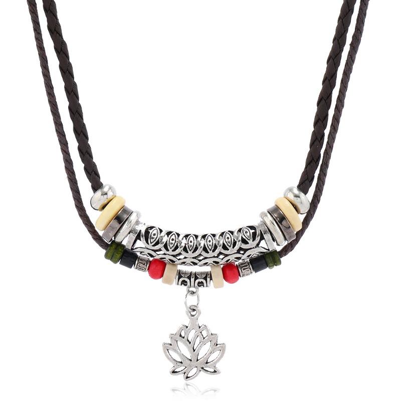 

TEMU новый продукт набор из 1 предмета персонализированная модная вощеная нить бисерная деревянная бусина кулон лотос ожерелье новый коричневый