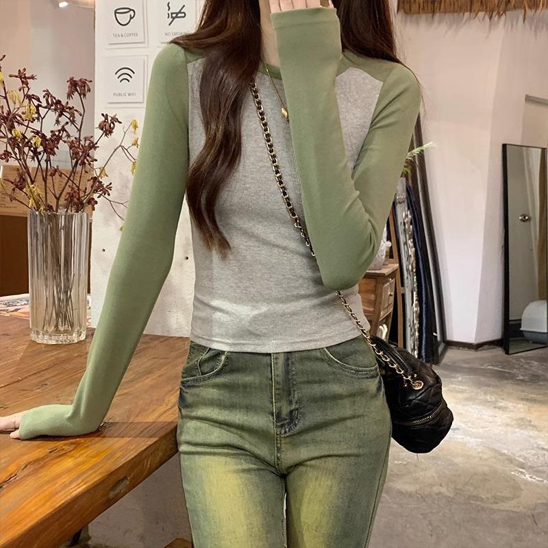 

Футболка с длинными рукавами и американским ретро-дизайном на правом плече для женщин, осенняя, контрастного цвета, реглан, горячая девушка, обтягивающий топ, тренд XL