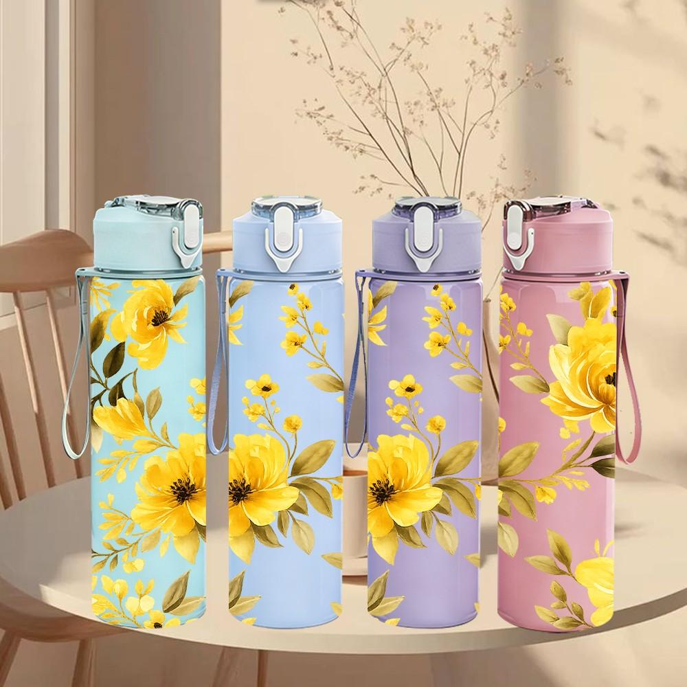 1PC Bright Yellow Chrysanthemum Floral Art 750ml Color Plastic Sports Water Bottle Leakproof Flip Straw Lid Suitable for Sports Office Home Use