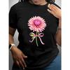 Women's Black T-Shirt with Pink Dahlia Flower Print - Soft Stretch Short Sleeve Crew Neck Top, Loose Fit Casual Blouse for Daily Wear, All-Season