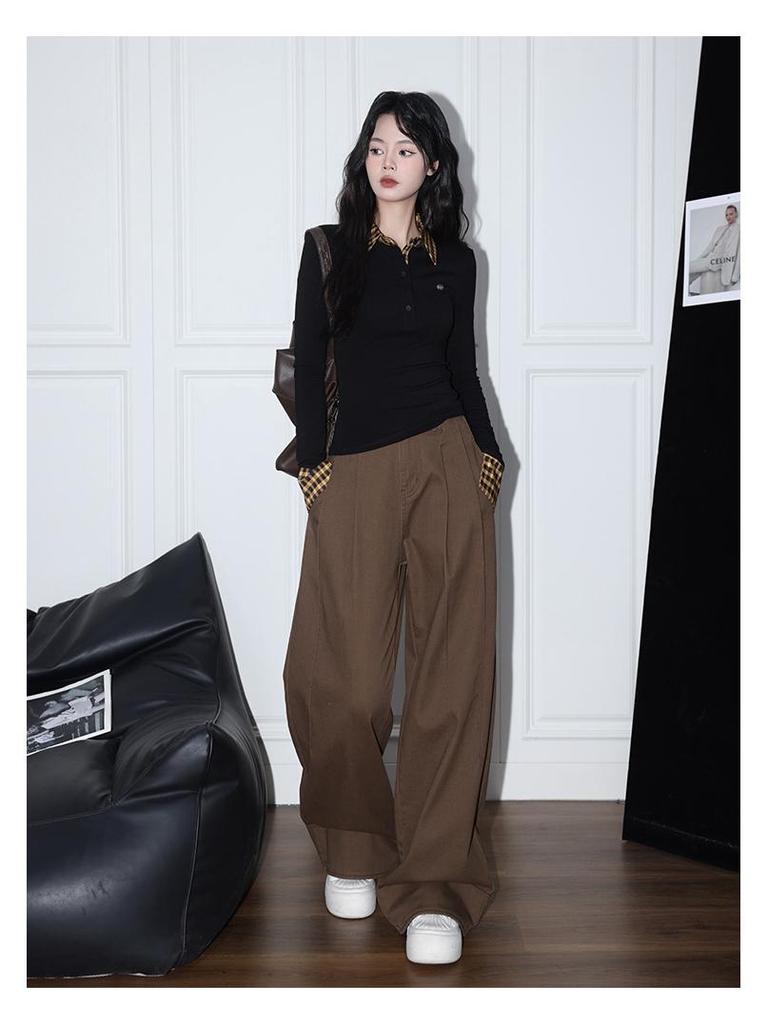 Haut d'automne pour femme à carreaux coupe slim fausse deux-pièces à manches longues et col polo