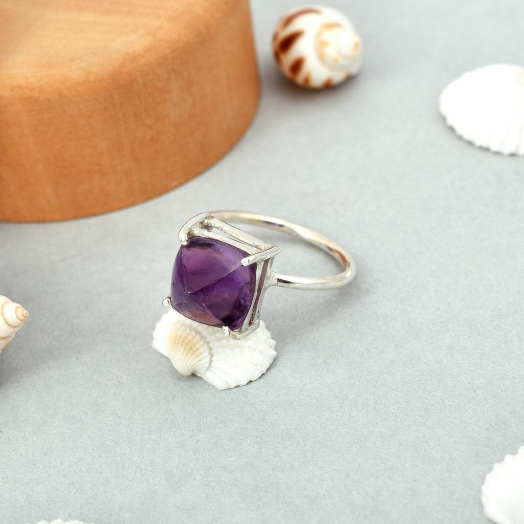925 Sterling Silver Natural Sugar Loaf Amethyst Gemstone Ring 7 US Gift Ring