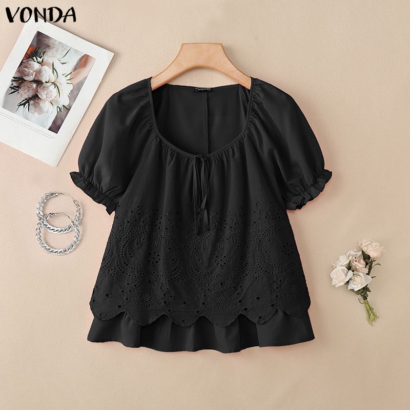 VONDA Camicie Bluse Casual Estive da Donna con Scollo a U, Intreccio di Pizzo all'Uncinetto sul Davanti, Manica Corta