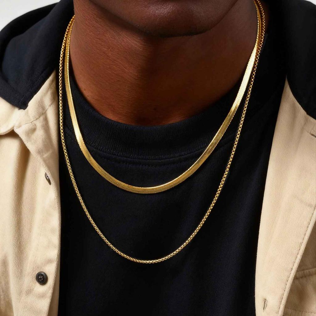 2pcs Chain Necklace for Men Boys,4MM Stainless Steel Flat Snake Chain Collars,2mm Silver Gold Color Box Chain Gift