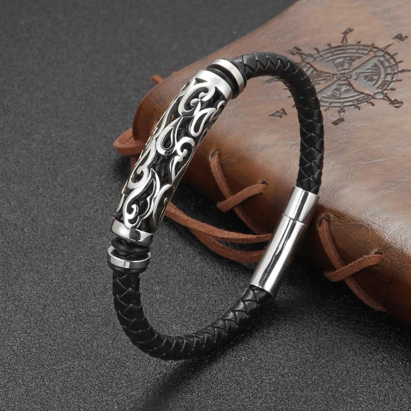 Men's Stainless Steel Bracelets Handwoven Leather Bangles European American Style Male Jewelry Fashion Accessory Gift