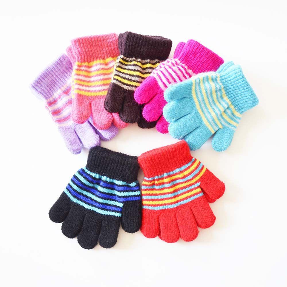Kids Boys Winter Soft Outdoor Sports Warm Thickened Printed Stripe Baby Mittens Finger Gloves