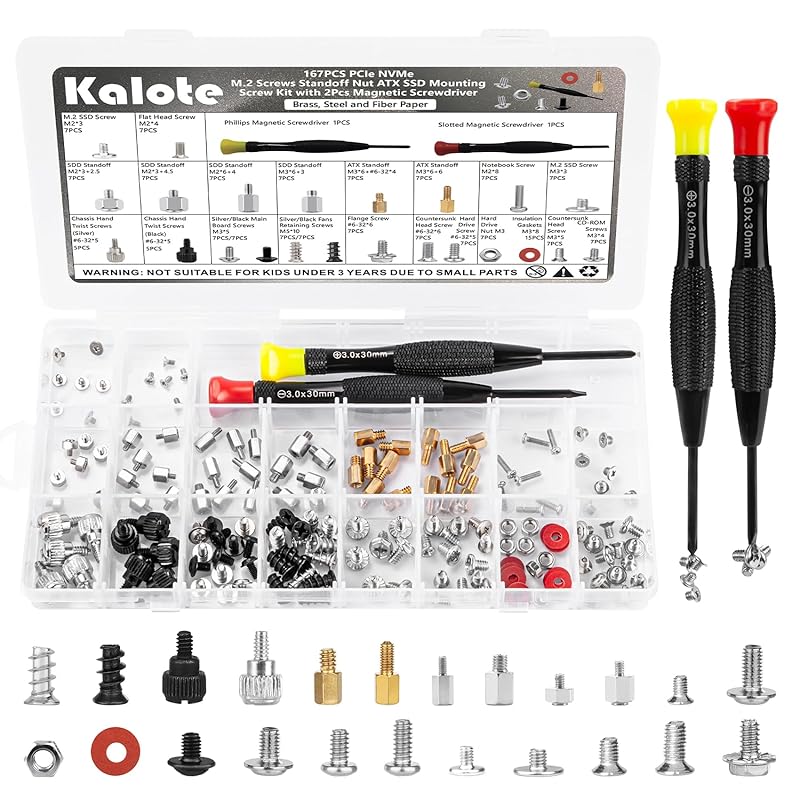 510PCS Computer Screws Assortment Kit, Carbon Steel Black Zinc Plated Motherboard Standoffs Screws PC Screws for HDD, SSD Hard Drive Fan, Power