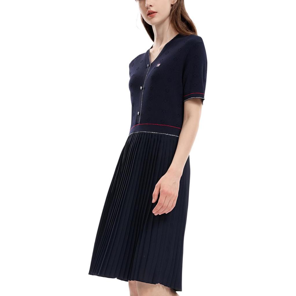 Fila Logo Moda Elegante Tejido Plisado Empalmado Casual Cuello en V Manga Corta Vestido Vestidos de Mujer F11W331313FNV