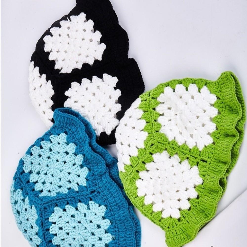 Lotus Leaf Edge Fisherman Hat Sunflower Patterned Crochet Bucket Hat Knitted Yarn Hat Korean Style