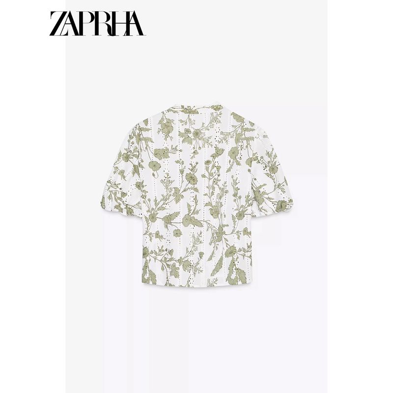 Zaprha 2025 New Arrival Beautiful Western Style Flower Print Cut Out Embroider Short Sleeve Tops Shirt for Women 3551670
