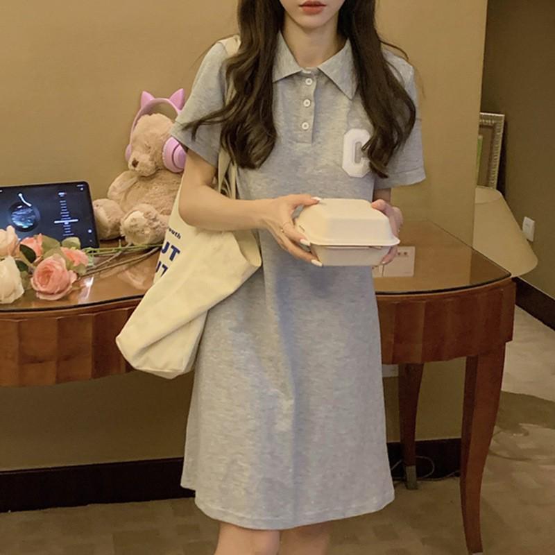 Women's Summer 2023 Slim A-Line Polo Collar Purple Dress with Short Sleeves