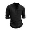 Men’s Long Sleeve Casual Henley Shirt with Stand Collar Single Chest Pocket Relaxed Fit Lightweight
