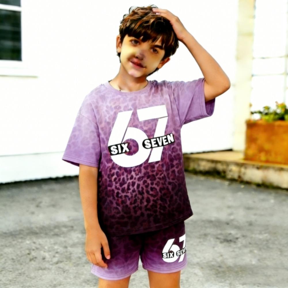 Gradient Leopard 67 Printed Men's T-shirt and Shorts 2 Piece Set Summer Casual Outfit for Men's and Women's Clothing Top