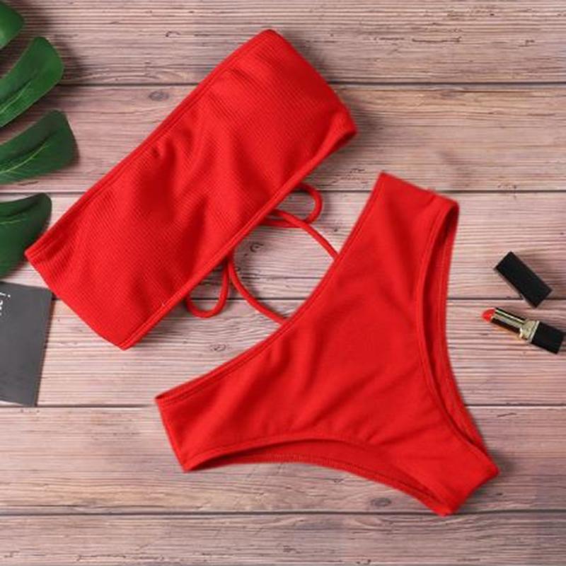 2025 Nouveau Bikini Taille Haute Sans Bretelles Sexy Bikini Maillot de Bain Femme Mode Maillot de Bain Rembourré Monokini Couleur Unie