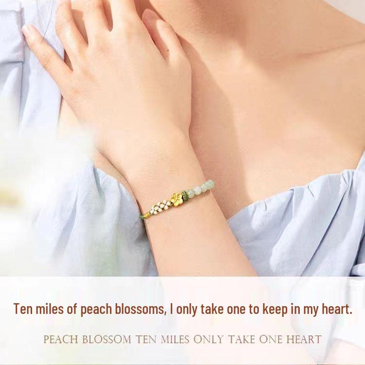 Vietnam Gold Sand Peach Blossom Bracelet for Women: Woven Rope with Imitation Hetian Jade - Perfect Gift for Bestie