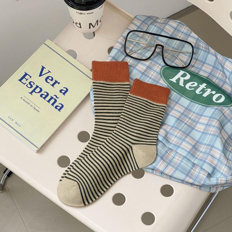 Women's Color-blocking Striped Mid-calf Socks, College-style Long Calf Socks, Trendy Women's Socks