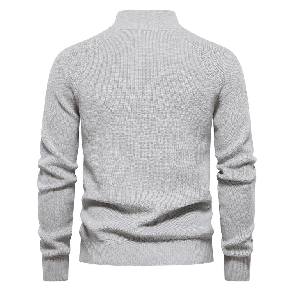 Men's Light Gray Half Zip Knit Sweater Raglan Sleeve High Neck with Metal Zipper