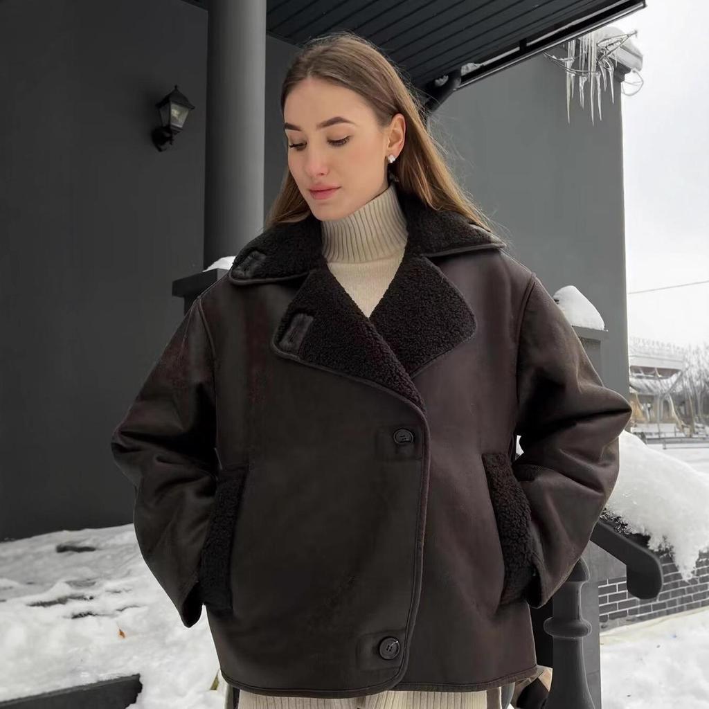 European and American Style Women's Lambswool Shearling Coat with Turn-down Collar