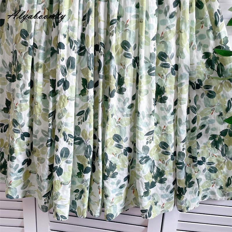 Prairie Chic Spring Summer Women Midi Skirt High Waist Green Floral Print Fresh Skirt Cotton Vintage Ladies' A-Line Skirt