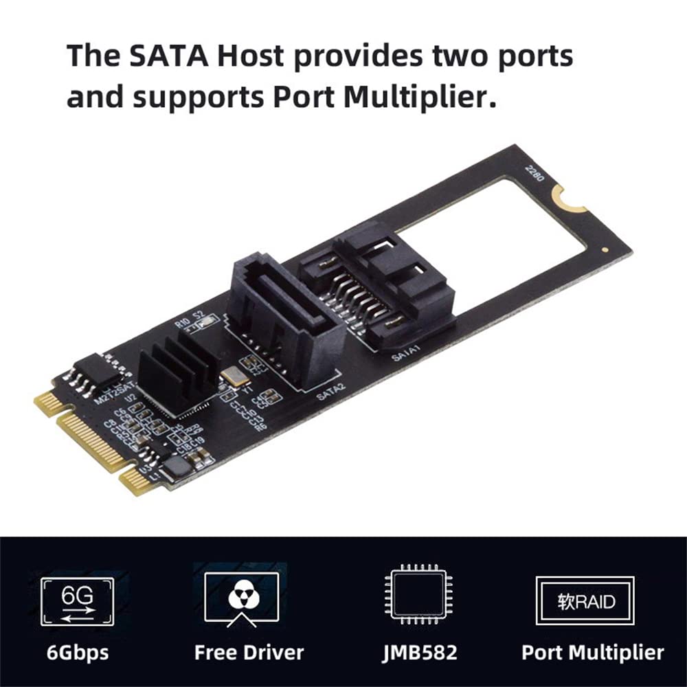 NFHK NGFF Key B+M PCI Express to SATA 3.0 6Gbps Dual Port VerticalHorizontal Adapter Converter Hard Drive Expansion Card JMB582 2280