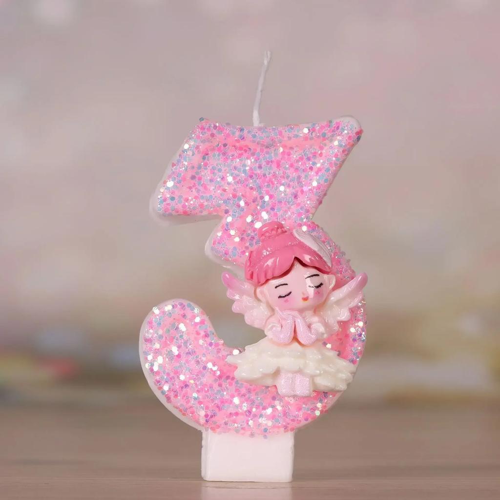 3D Number Candles for Cake Toper Decor, Pink Fairy Glitter, Digital Candles, Happy Birthday Party, Wedding Cake Decoration Acces