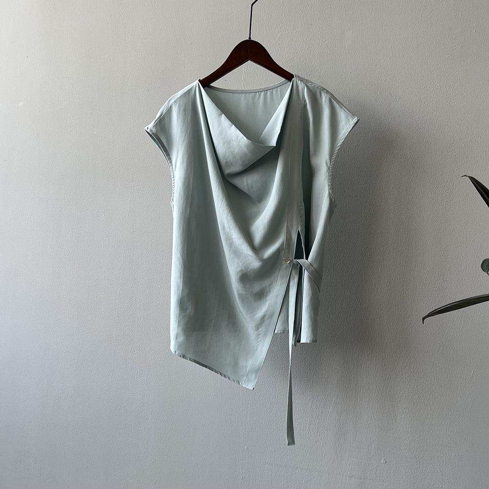 Yanshuang Women's Korean-Style Tencel Sleeveless Swing Collar Shirt with Waist Tie and Slit - Summer 2024