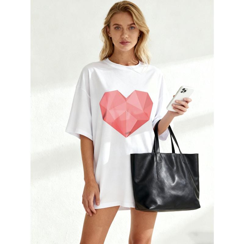Oversized T-Shirt Black Geometric Heart Print Casual Wear