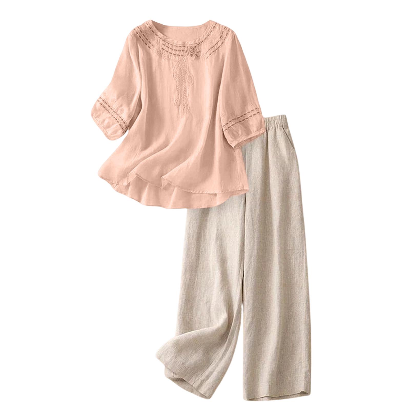 

Stylish Two-piece Cotton-linen Set: Top, Vintage-inspired, Casual, And Wide-leg Pants. M-2 розовый