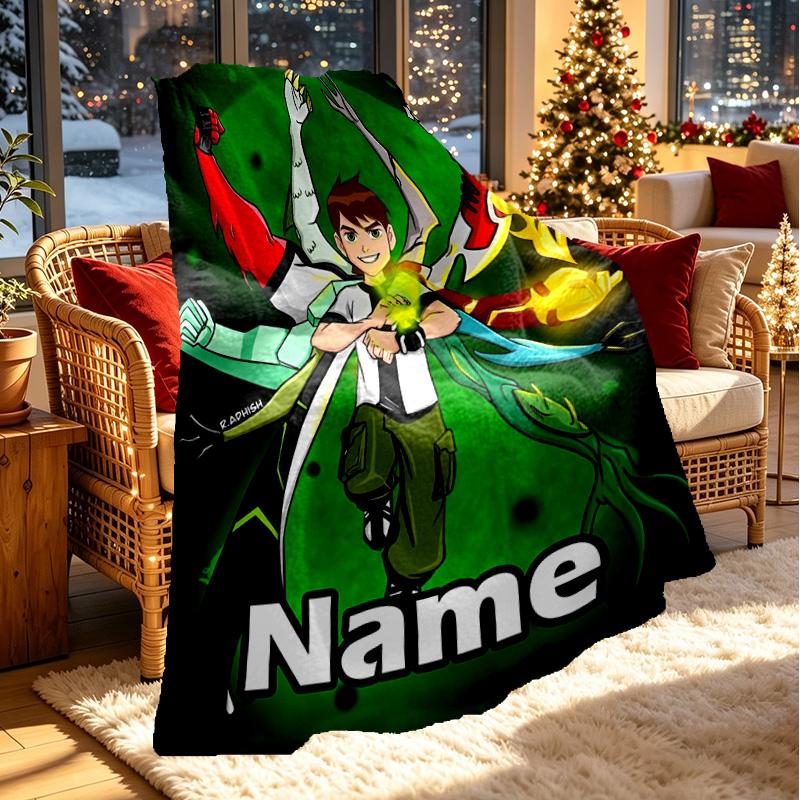 Custom Name Personalized Ben 10 Cartoon Print Blanket, Home Decor, Bedroom, Sofa, Camping, Couch, Gifts for Birthday ChristmasEnthusiasts