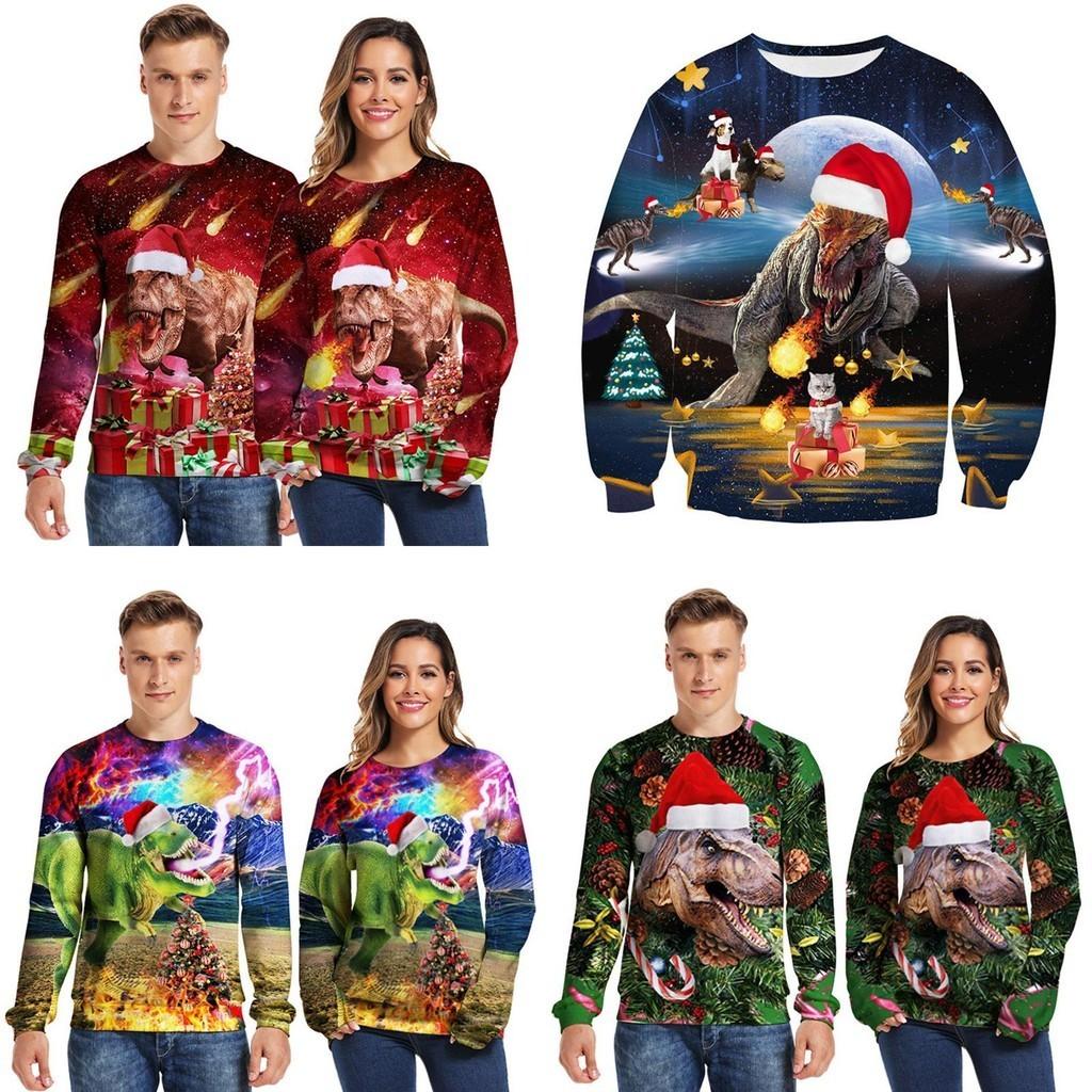 Gemütlicher und festlicher hässlicher Weihnachtspullover mit Dinosaurier-Design für Damen und Herren