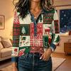 Women's Christmas Print Long Sleeve Top - Casual Loose Fit Patchwork Shirt with Shoulder