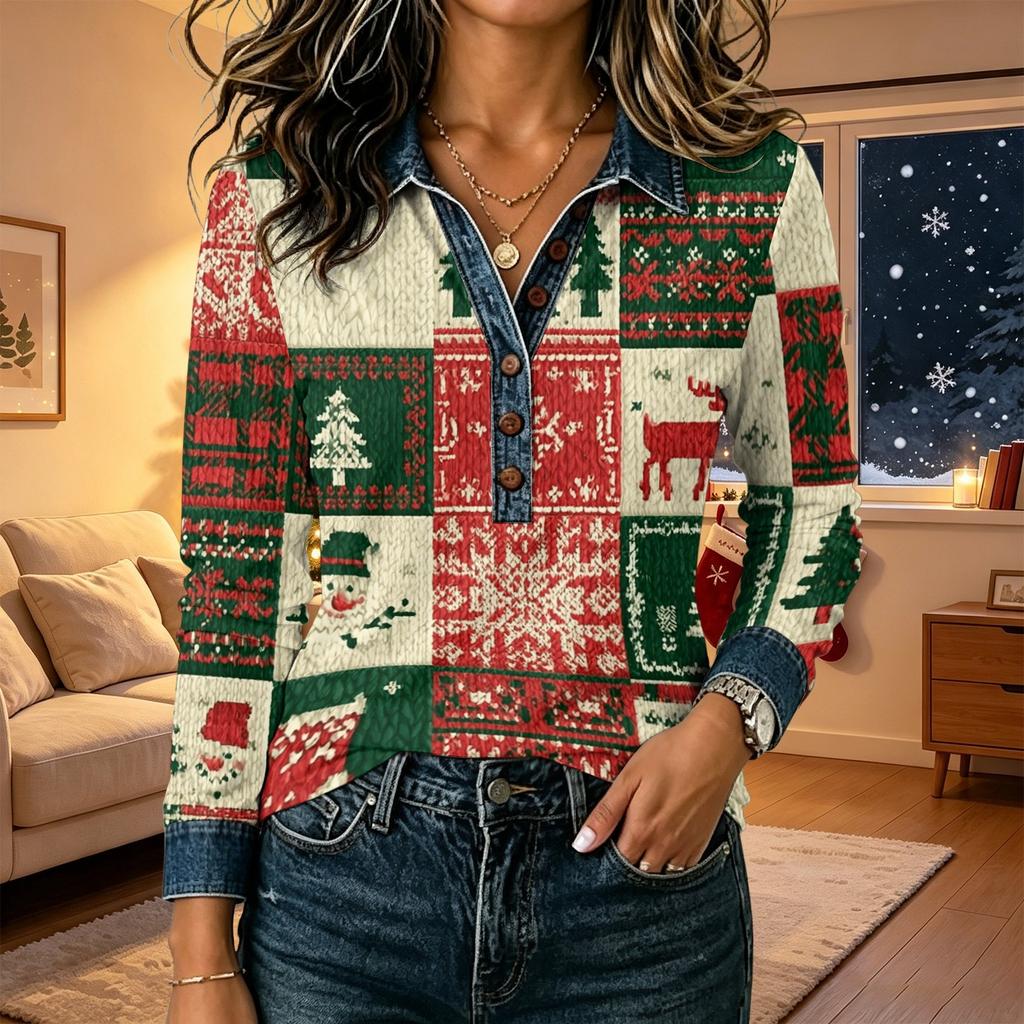 Women's Christmas Print Long Sleeve Top - Casual Loose Fit Patchwork Shirt with Shoulder