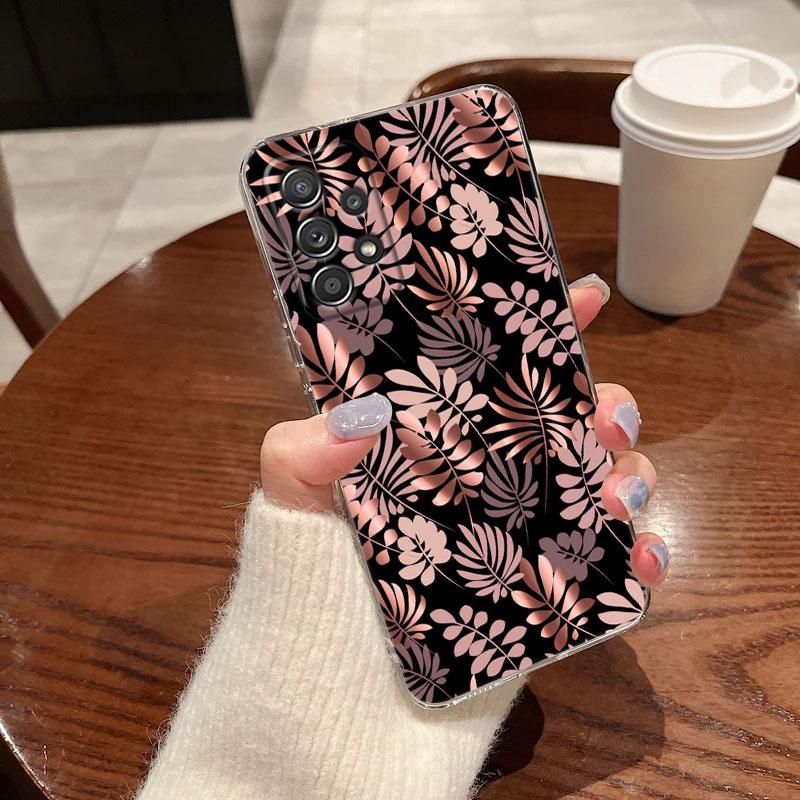 Gold Pink Rose Leaf Glitter Hearts For Samsung Galaxy A55 Case A54 A52 A53 A15 A14 A13 A21S A23 A34 A35 A33 A32 A72 Clear Cover