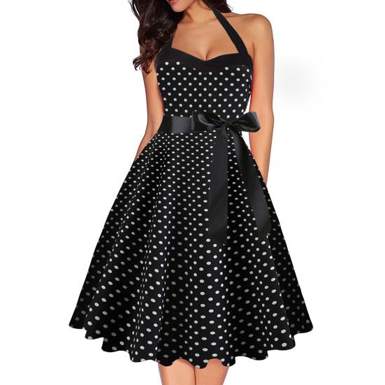 Dot Print Off Shoulder Backless Bowknot Decor A-Line Gown Dress Halter Bandeau Skater Hem Party Dress Female Clothing