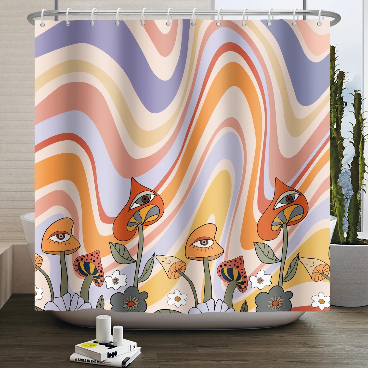 

70S Retro Rainbow Shower Curtain Hippy Funky Cartoon Mushroom Floral Bathroom Curtain Polyester Waterproof Fabric Bathtub Screen W60H190(CM)-1 Pcs