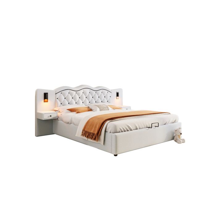 Lit - MUVOE - 180x200 cm - Rembourré - Espace de rangement - Prises USB intégrées