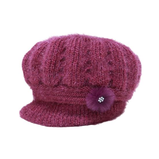 Women Knitting Hat Extended Brim Thickened Plush Winter Hat Solid Color Flower Decor Warm Hat Fashion Accessories