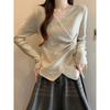 Plus-Size French-Style V-Neck Long-Sleeve T-Shirt for Women, Spring and Autumn, Slim-Fit, Waist-Cinching Knit Top for Curvy Figures